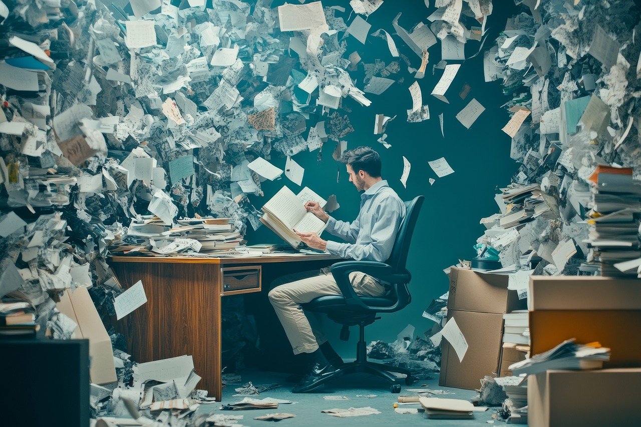Papier admin en pagaille dans bureau vd-office Secrétaire Indépendante papier en pagaille dans bureau